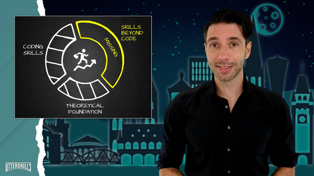 A man in a black button-up shirt stands in front of a dark blue illustrated city skyline background. To his left is a black graphic panel with white and yellow text reading 'Coding Skills', 'Skills Beyond Code', 'Theoretical Foundation', and 'Programming'.