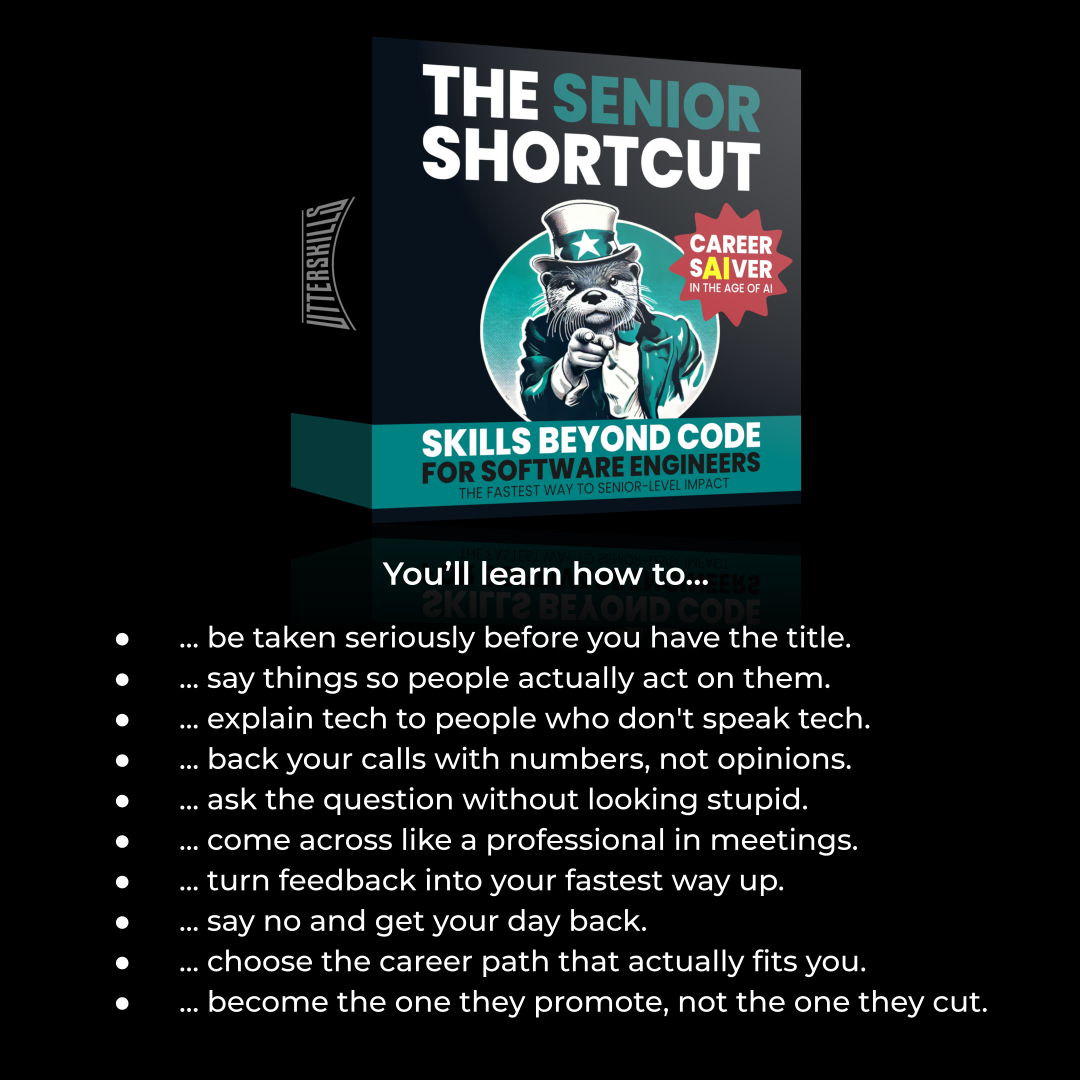 Digital product cover for 'The Senior Shortcut' career course, featuring a dark teal and black software box with an otter in a top hat, set against a black background with white bullet points detailing course outcomes below.
