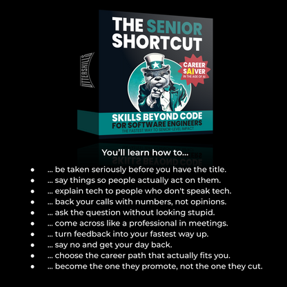Digital product cover for 'The Senior Shortcut' career course, featuring a dark teal and black software box with an otter in a top hat, set against a black background with white bullet points detailing course outcomes below.